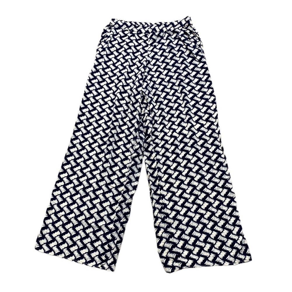 Tan Navy Pattern Wide Leg Boho Pants with Pockets M
